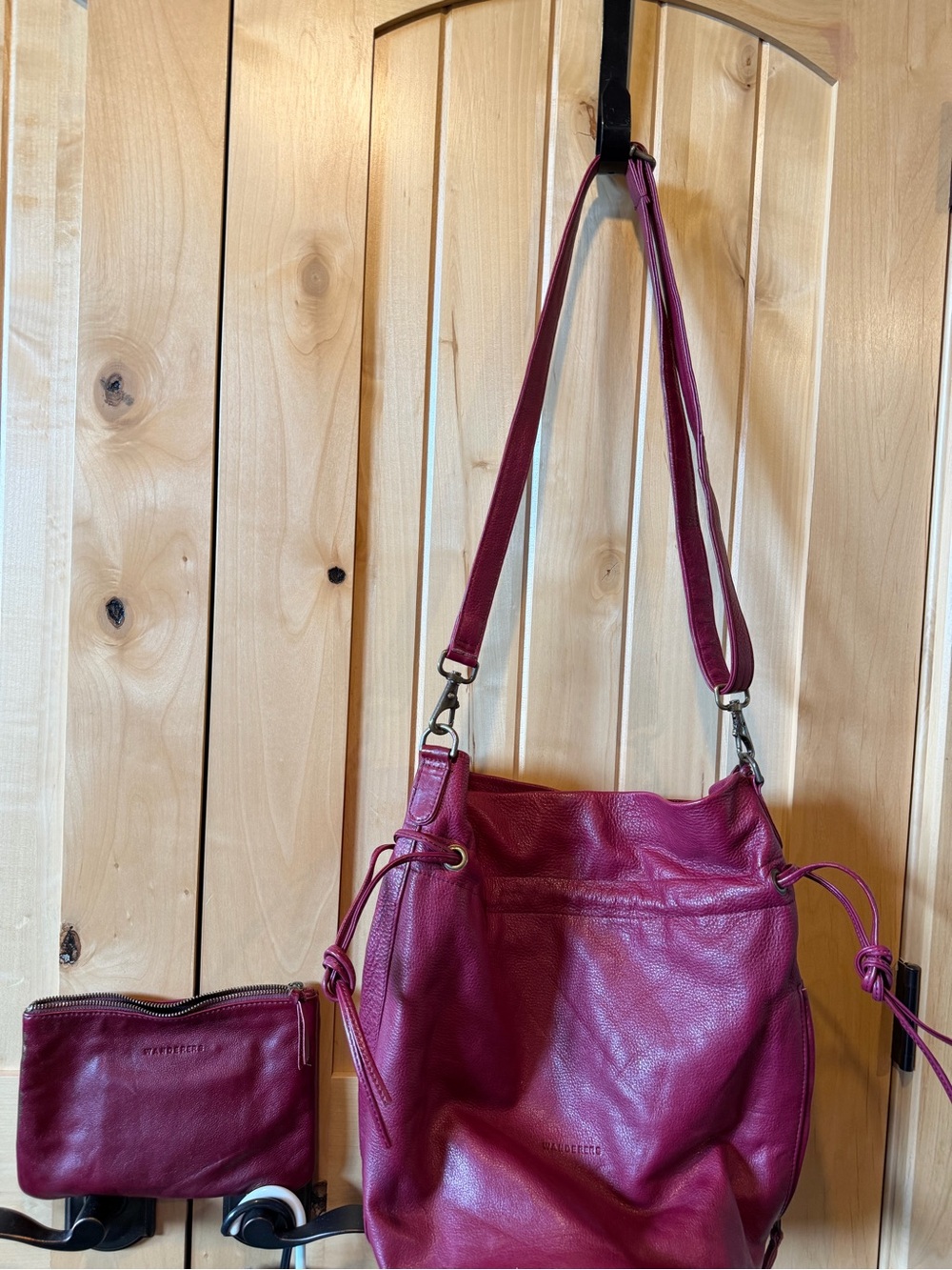 Magenta Leather Shoulder Bag with Matching Pouch - Unbranded